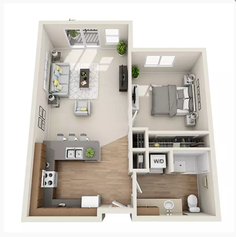 Floor plan for 1 bed, 1 bath, 700 sqft